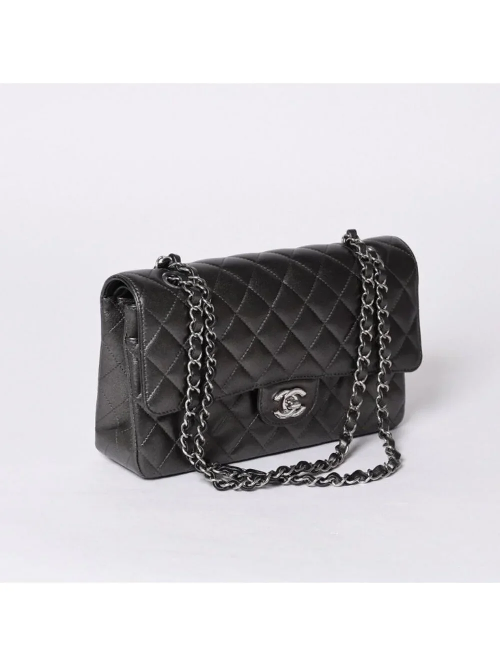 Chanel Quilted 25 Double Flap Chain Shoulder Bag Shine Gray Lambskin Silver